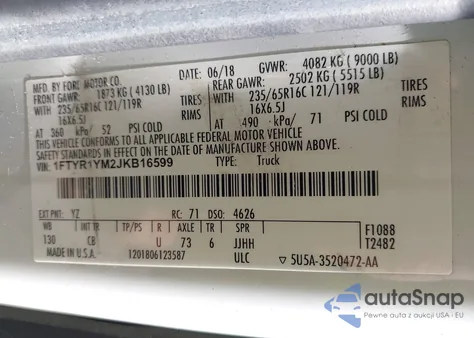 2018 Ford Transit-250 из США, поврежденный, VIN 1FTYR1YM2JKB16599